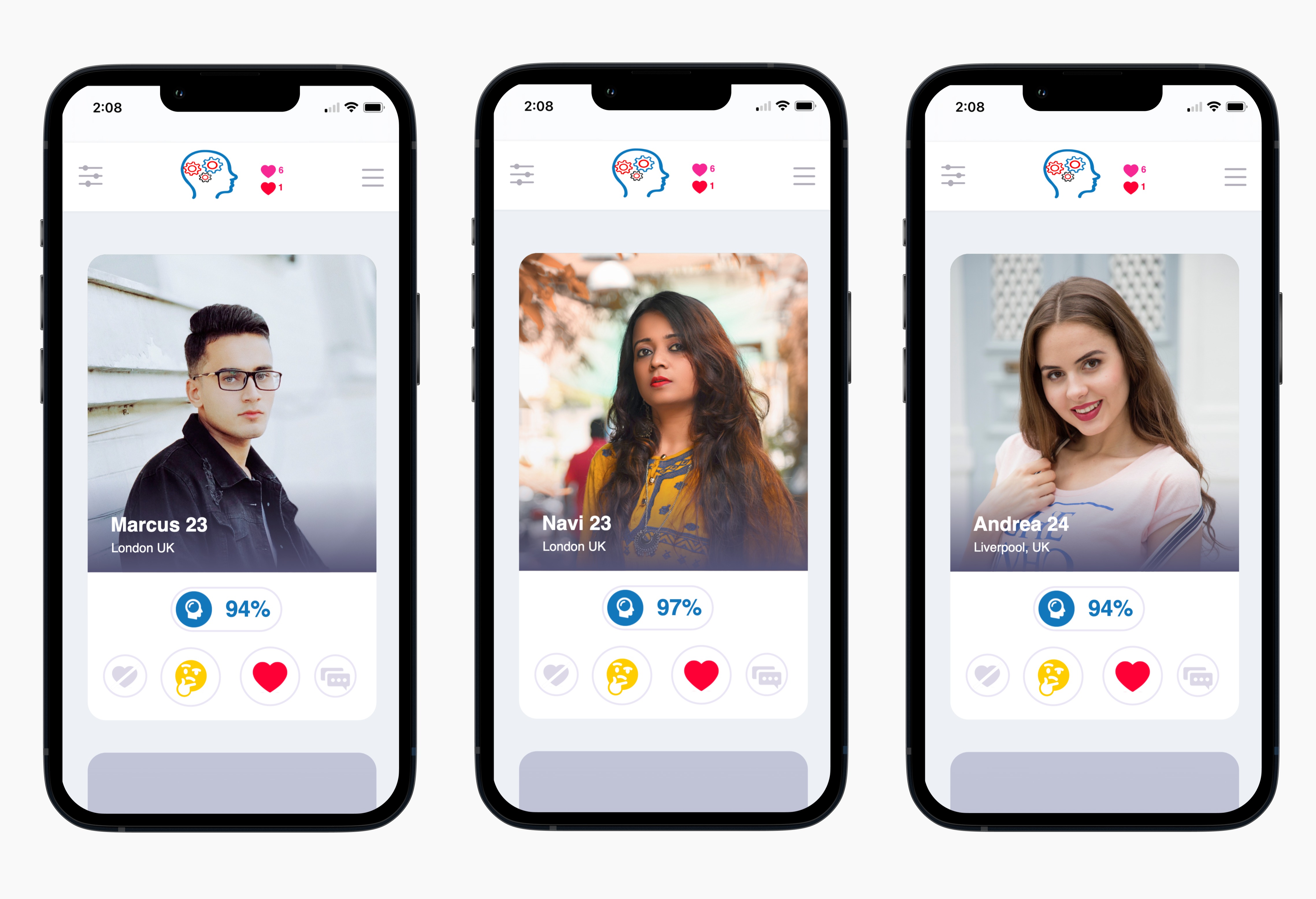 DateMetriX dating app shown on three phone screens